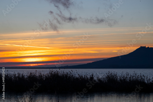 Fototapeta Naklejka Na Ścianę i Meble -  Nove Mlyny reservoir and Palava hills during sunrise in winter, Southern Moravia, Czech Republic