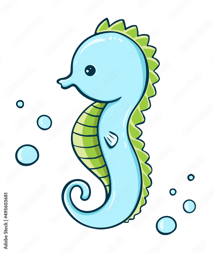 Obraz premium Cute seahorse. Vector illustration of a series of marine drawings. A picture for children educational books, for a print on a T-shirt or your design.