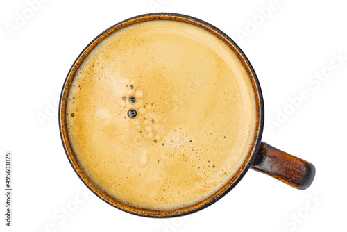 espresso coffee in a ceramic cup on a white background top view © Olga