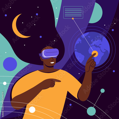 Metaverse digital virtual reality. Black woman working in VR headset and futuristic glasses online connecting to virtual space and universe. Break The Science Bias. Colorful flat vector illustration.