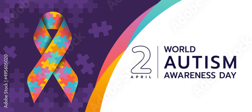 Wolrd Autism Awareness Day - Autism Awareness puzzle ribbon sign on purple puzzle texture and colorful curve background vector design