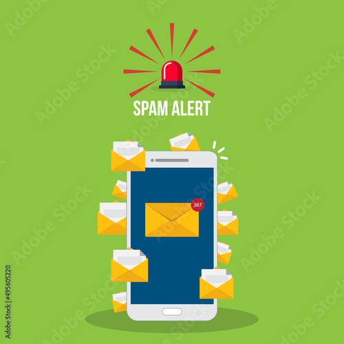 Spam. Spamming concept, a lot of emails on the screen of a smart phone. Email box hacking, spam warning. Vector illustration.	