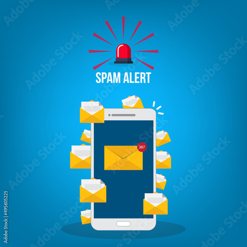 Spam. Spamming concept, a lot of emails on the screen of a smart phone. Email box hacking, spam warning. Vector illustration.	
