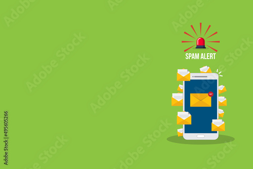 Spam. Spamming concept, a lot of emails on the screen of a smart phone. Email box hacking, spam warning. Vector illustration.	