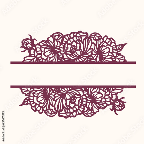 Split monogram with peony flowers, laser cut template, vector.