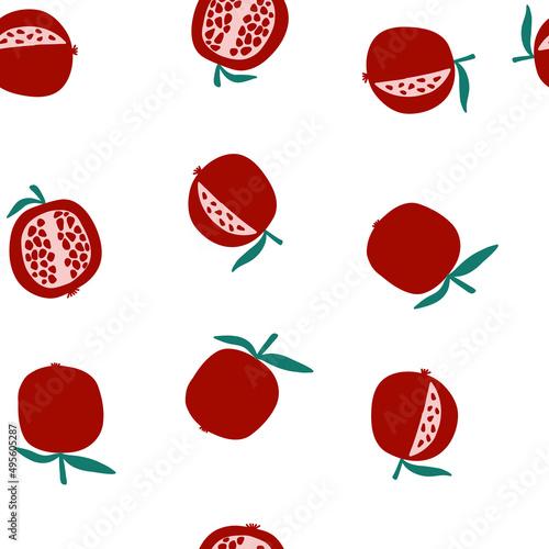 Vector seamless pattern with pomegranate fruits in cartoon flat style on white background. Fresh colorful fruit wallpaper for textile design, wrapping paper