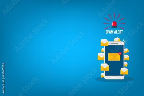 Spam. Spamming concept, a lot of emails on the screen of a smart phone. Email box hacking, spam warning. Vector illustration.	