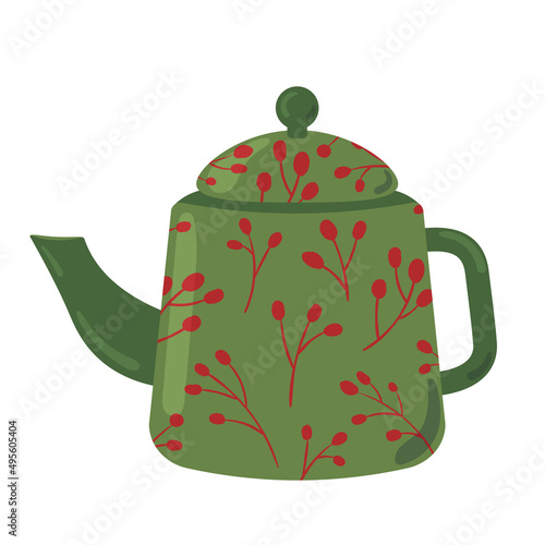 Cute ceramic teapot side view decorated with design elements flat cartoon illustration. Colored tea kettle hand drawn vector design. Kitchen trendy crockery for hot drink isolated on white background