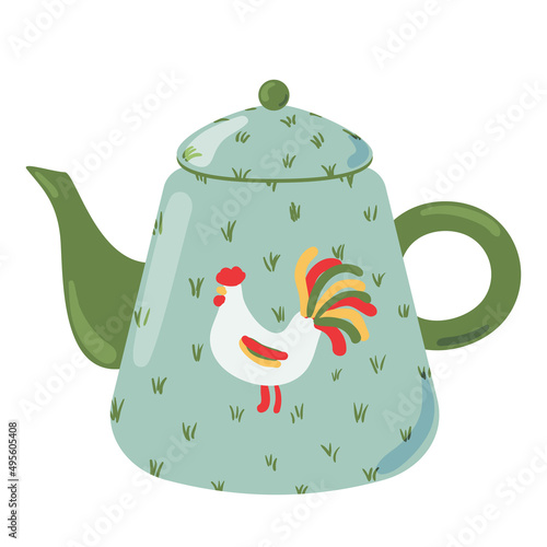 Cute ceramic teapot side view decorated with design elements flat cartoon illustration. Colored tea kettle hand drawn vector design. Kitchen trendy crockery for hot drink isolated on white background