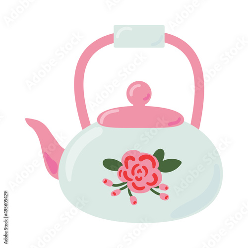 Cute ceramic teapot side view decorated with design elements flat cartoon illustration. Colored tea kettle hand drawn vector design. Kitchen trendy crockery for hot drink isolated on white background