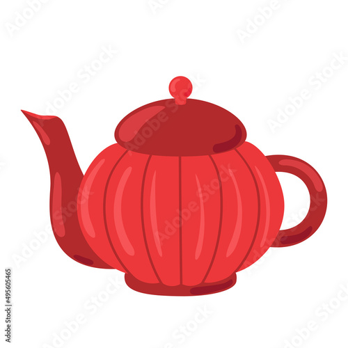 Cute ceramic teapot side view decorated with design elements flat cartoon illustration. Colored tea kettle hand drawn vector design. Kitchen trendy crockery for hot drink isolated on white background