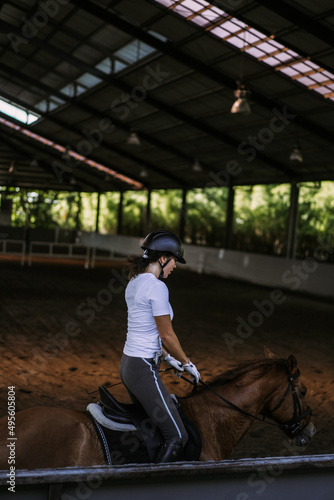 Young woman trains in horseback riding in the arena. A pedigree horse for equestrian sport. The sportswoman on a horse. The horsewoman on a horse. Equestrianism. Horse riding. Rider on a horse.  © Yuliya Kirayonak