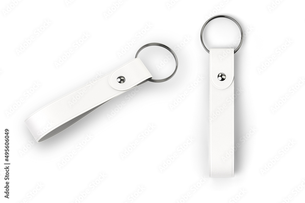Blank plain white leather keychain with sliver key ring on isolated background.3d rendering. Blank plain white leather keychain with sliver key ring on isolated background.3d rendering.