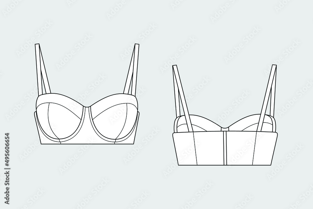 Lingerie bra female vector template isolated on a grey background. Front and back view. Outline fashion technical sketch of clothes model. - obrazy, fototapety, plakaty 