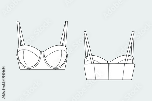 Lingerie bra female vector template isolated on a grey background. Front and back view. Outline fashion technical sketch of clothes model.
