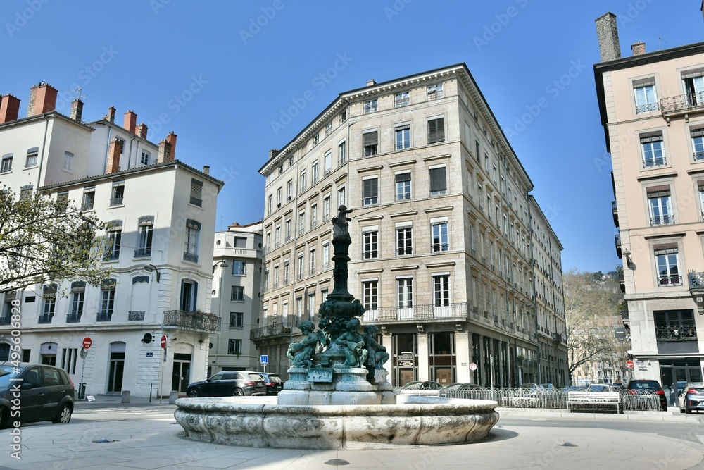 Beautiful Place Antoine Vollon with its fountain in the 2nd district of Lyon in France