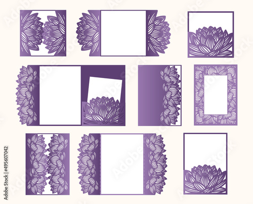 Laser cut Wedding invitation, envelopes template set with cutout pattern of Lotus flower, vector.