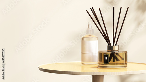 3D render beauty product, set of a refill diffuser essential oil and aroma sticks in fragrance bottle on a wooden round side table, Beige wall with beautiful leaves shadow in background. Vanilla.