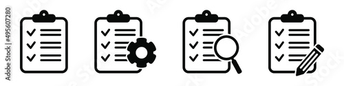 Clipboard icon. Checklist with gear, checkmarks, magnifier and pencil. Vector illustration.