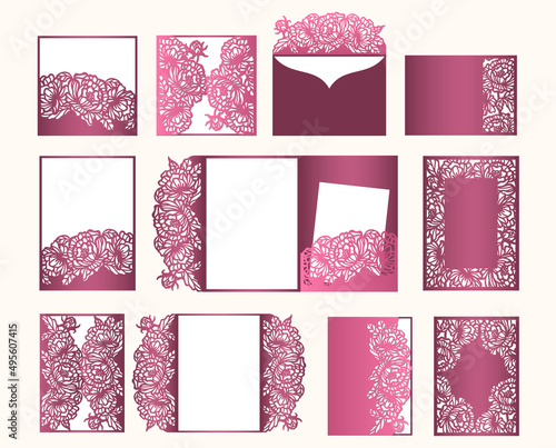 Foto Laser cut Wedding invitation, envelopes template set with cutout pattern of Peony flower, vector