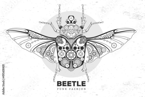 Goliath beetle silhouette with gears. Punk style. Beetle vector illustration photo