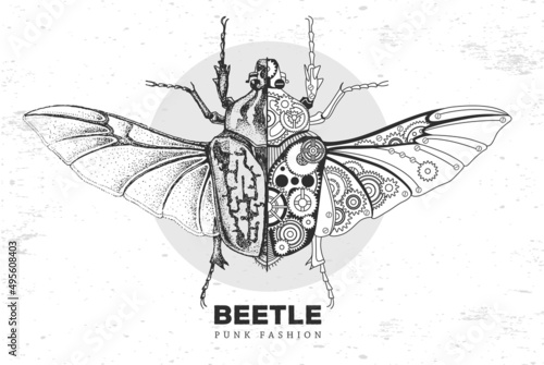 Realistic and punk style Goliath beetle illustration. Beetle silhouette with gears. Vector illustration