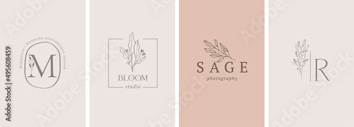 Elegant, botanique logo collection, hand drawn illustrations of flowers, leaves and twig, delicate and minimal monogram design
