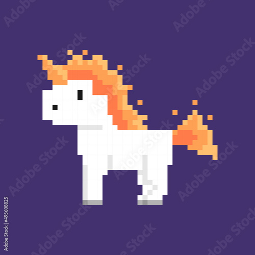 fire element unicorn illustration. horned horse. animal. pixel art or 8 bit. character vector design. game elements or assets