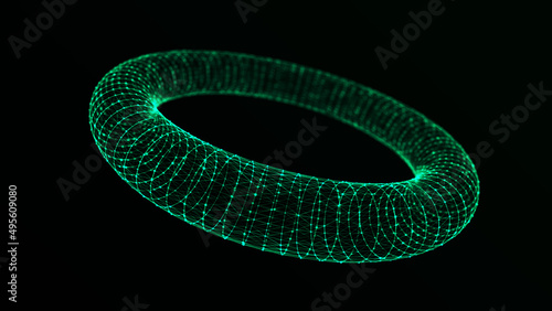 Abstract dynamic wireframe torus on a green background. The flow of scientific data. Futuristic digital technology. 3D rendering.