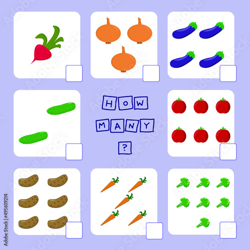 How many counting game with  vegetables. Worksheet for preschool kids, kids activity sheet, printable worksheet