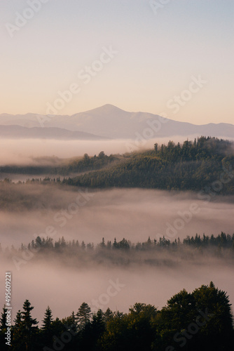 morning in the mountains, fog against the background of the mountains