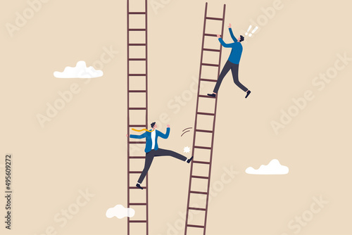 Wallpaper Mural Jealous colleague or coworker envy for other being better or promoted, loser cheating competition or office politic dirty and dishonesty concept, businessman loser kick winner ladder to make him fall