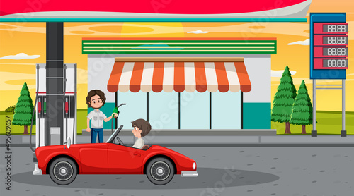 Gas station cartoon scene