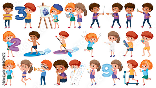 Set of children doing different activities on white background