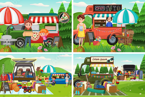 Flea market scene in cartoon style
