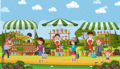 Flea market scene in cartoon style
