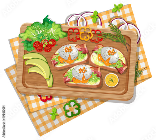 Top view of bruschetta on a wooden tray