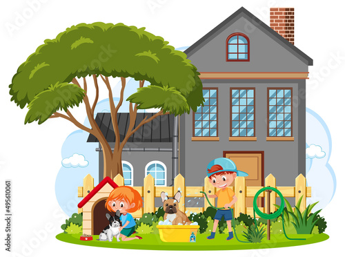 Children washing their pet in front of house cartoon