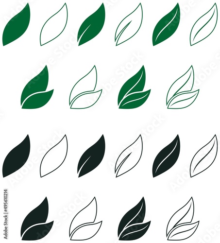 Blatt Vektor set in grün und schwarz. Weißer isolierter Hintergrund.