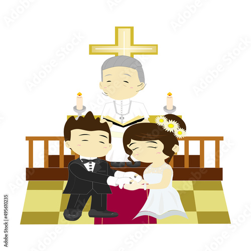 Couple with priest marry in church,Bride and Groom attend the ceremony to wedding,Priest make wedding ceremony,couples marriage,wedding love,celebration,lovers,Christian wedding