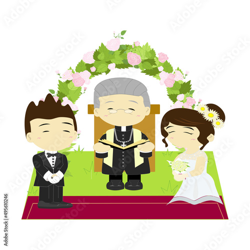 Couple with priest marry in garden,Bride and Groom attend the ceremony to wedding,Priest make wedding ceremony,couples marriage,wedding love,celebration,lovers,Christian wedding