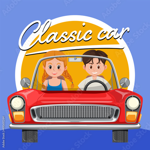 Couple in classic car in cartoon style