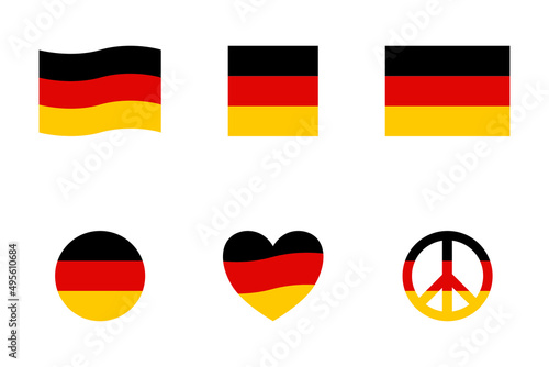 German flag icons vector set. Flag of Germany on white background. Flag and peace icon, square, circle and heart shape icons or german flag symbols.