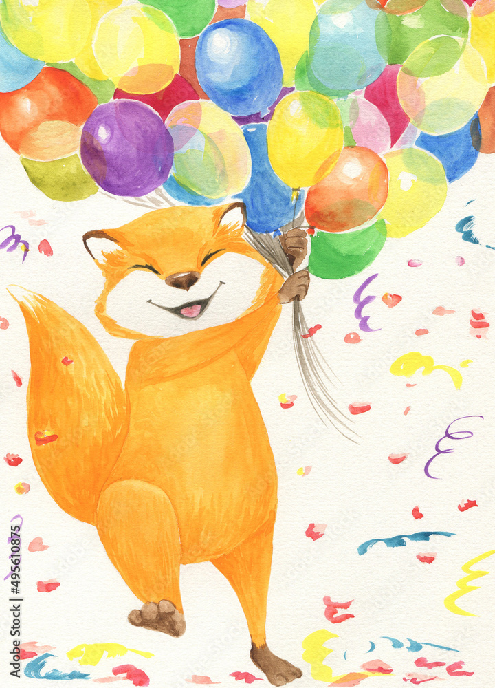 Fototapeta premium Watercolor illustration of a fox with colorful balloons in his hands