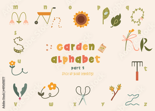 Illustrated gardening alphabet. Use this letters for children's book or posters about green, plants, ecology or environmental themes. This is 2nd part with letters M-Z.