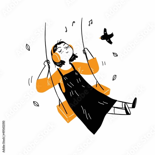 Child on a swing in line art drawing style. Black linear sketch isolated on white background.