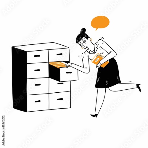Portrait of employees or an office business woman flicking through her clients files in an open filing cabinet