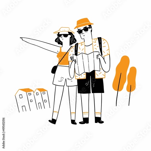 Happy smiling tourist couple enjoying their summer vacation getaway together