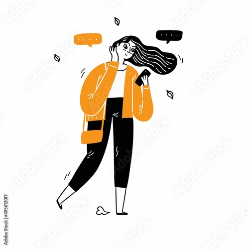 Portrait of cute long haired girl scrolls social networks or does shopping online, looks aside positively, uses modern smartphone, reads message