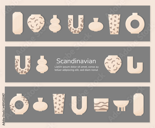 Scandinavian interior decor vases and plant pots banner set. Minimal elegant beige flower vases and modern ceramic plant pots on grey background. Cozy home elements, hygge aesthetics, boho style vase.